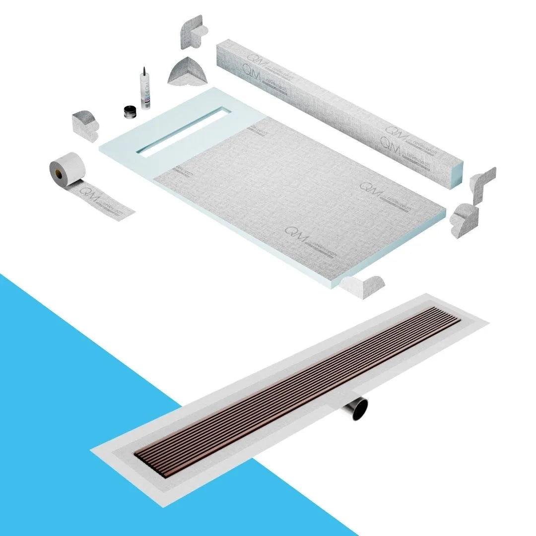 QM Drain Curb Shower Pan with Delmar Wedgewire Side Outlet Linear Drain, stainless-steel linear wedge-wire grate for efficient drainage and contemporary style, offered in, Gold, Bronze, Polished, and Black finishes.