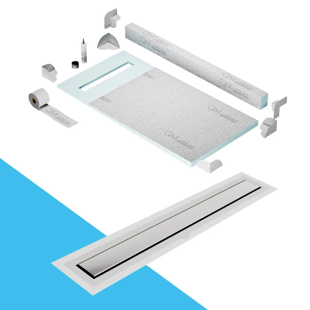 QM Drain Prefab Shower Pan Kit with Curb paired with Mist (Tile-In) Linear Drain CurbKit 32" in Frameless Flange Edge finish. This system ensures seamless tile integration, efficient water drainage, and a sleek frameless design, ideal for high-end shower installations with a modern curb and flange edge configuration.
