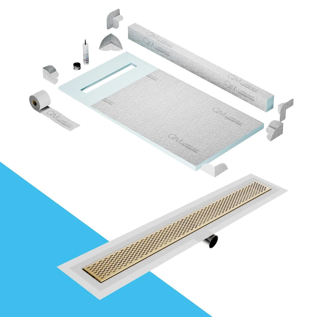 QM Drain Curb Shower Pan with Delmar Delta Side Outlet Linear Drain, featuring stainless-steel grate with modern square perforations, efficient drainage, available in Satin, Gold, Bronze, Polished, and Black finishes.