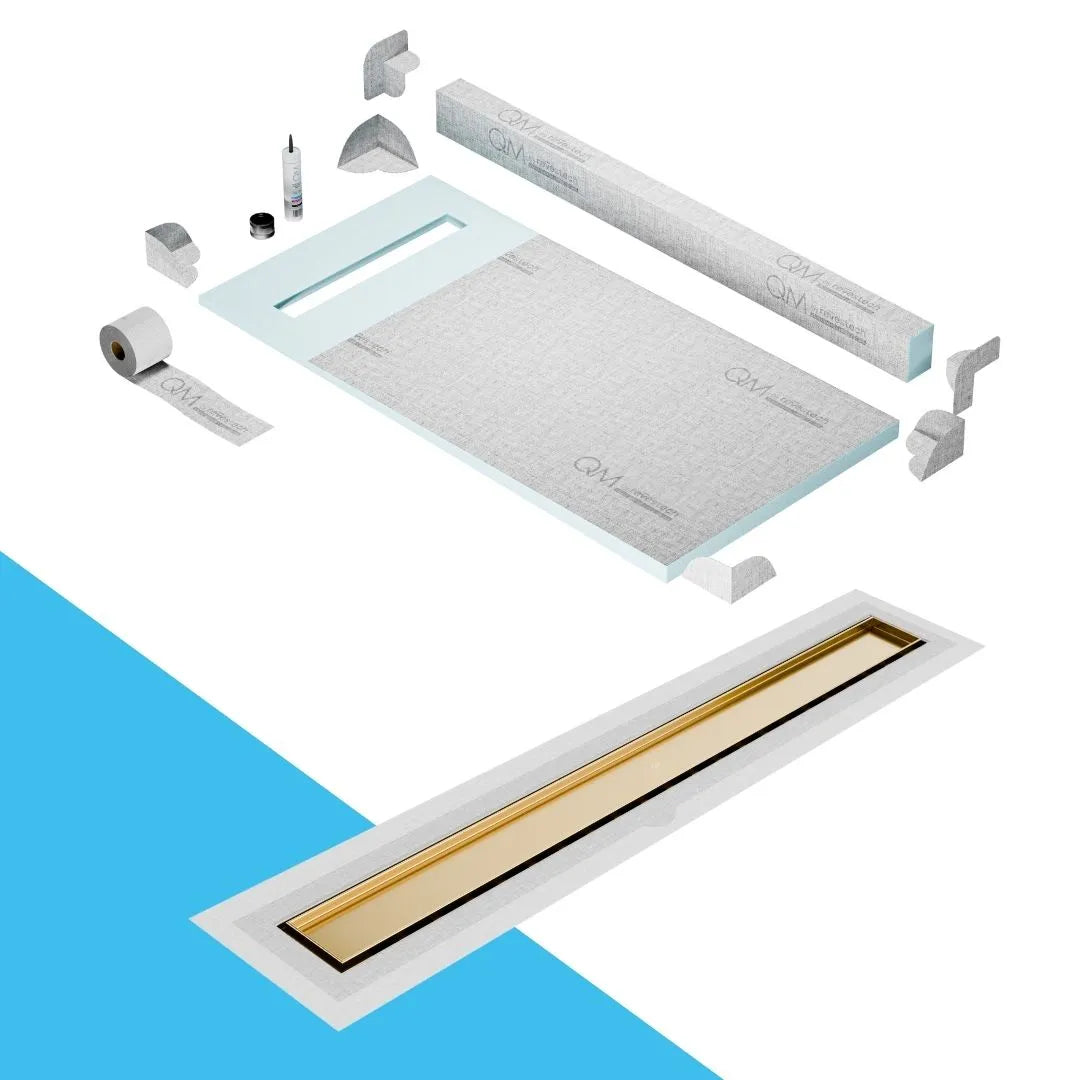 QM Drain Curb Shower Pan with Delmar Mist Tile-In Flange Edge Linear Drain, stainless-steel grate allowing seamless tile integration, featuring fine 'mist' perforations, integrated flange, minimalist aesthetics, offered in Satin, Gold, Bronze, Polished, and Black finishes.
