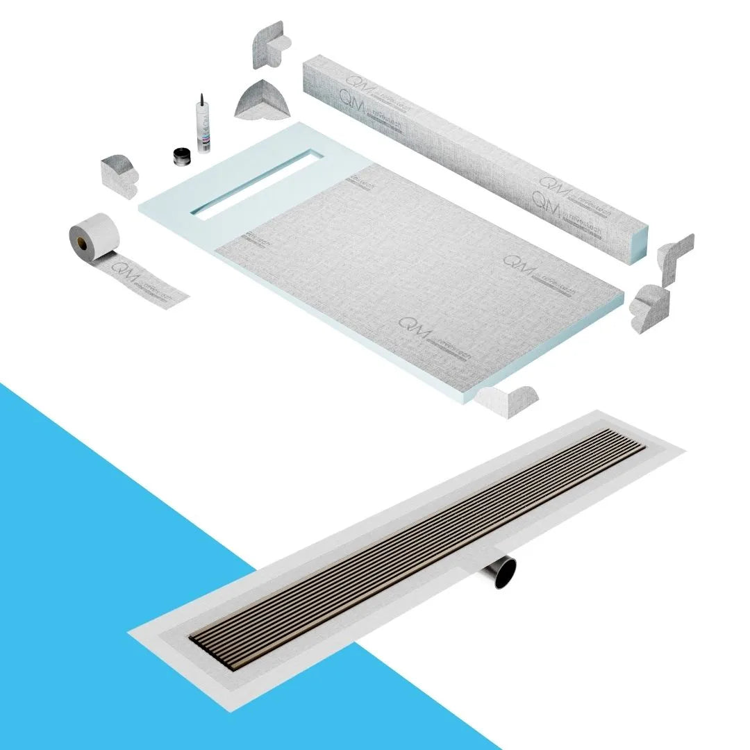 QM Drain Curb Shower Pan with Delmar Wedgewire Side Outlet Linear Drain, stainless-steel linear wedge-wire grate for efficient drainage and contemporary style, offered in, Gold, Bronze, Polished, and Black finishes.