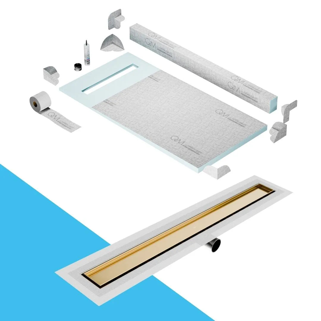 QM Drain Curb Shower Pan with Delmar Mist Tile-In Side Outlet Linear Drain, stainless-steel grate allowing seamless tile integration, 'mist' perforations, modern aesthetics, available in Satin, Gold, Bronze, Polished, and Black finishes.