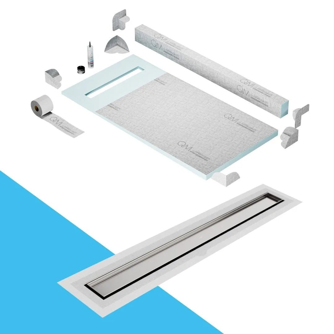 QM Drain Curb Shower Pan with Delmar Mist Tile-In Flange Edge Linear Drain, stainless-steel grate allowing seamless tile integration, featuring fine 'mist' perforations, integrated flange, minimalist aesthetics, offered in Satin, Gold, Bronze, Polished, and Black finishes.