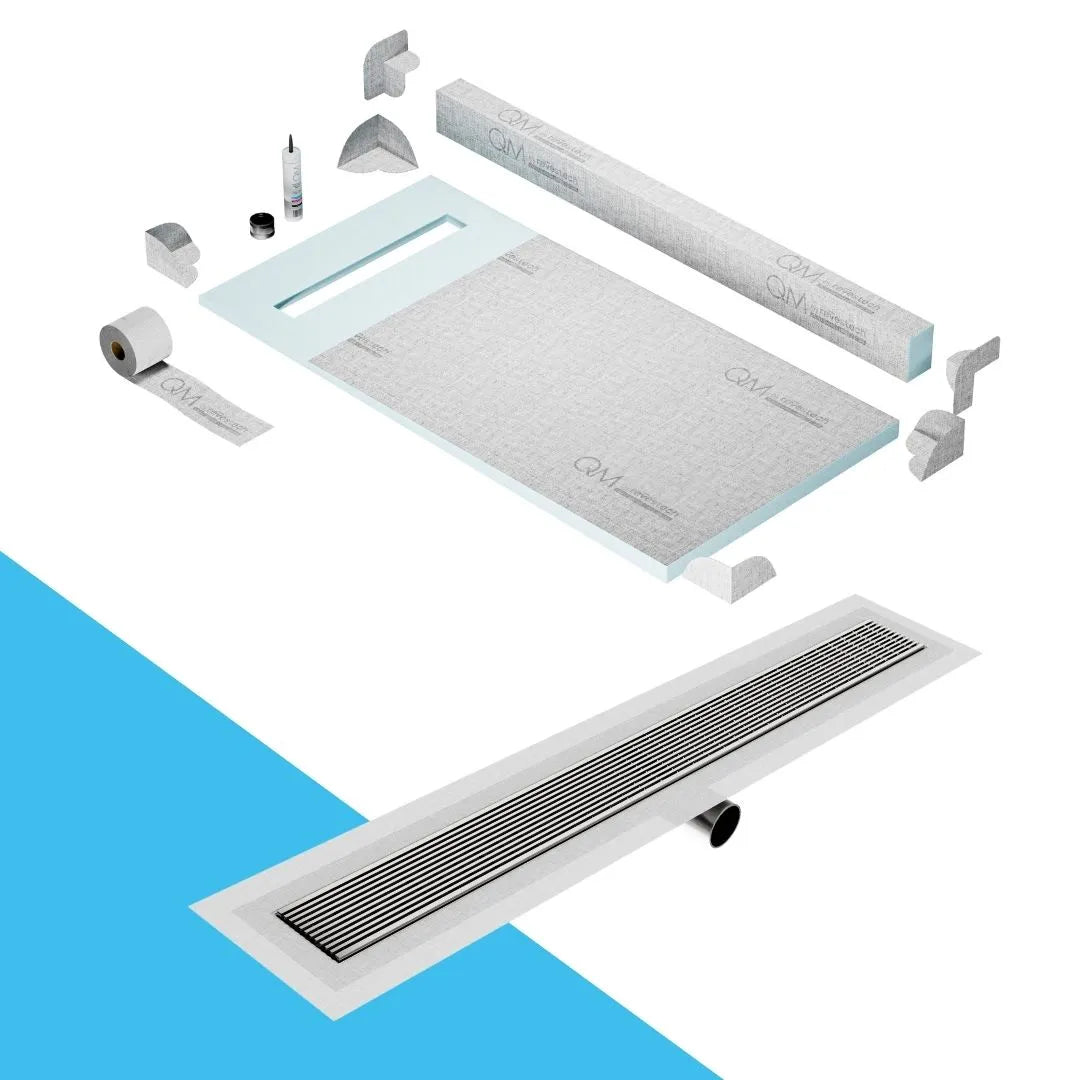 QM Drain Curb Shower Pan with Delmar Wedgewire Side Outlet Linear Drain, stainless-steel linear wedge-wire grate for efficient drainage and contemporary style, offered in, Gold, Bronze, Polished, and Black finishes.