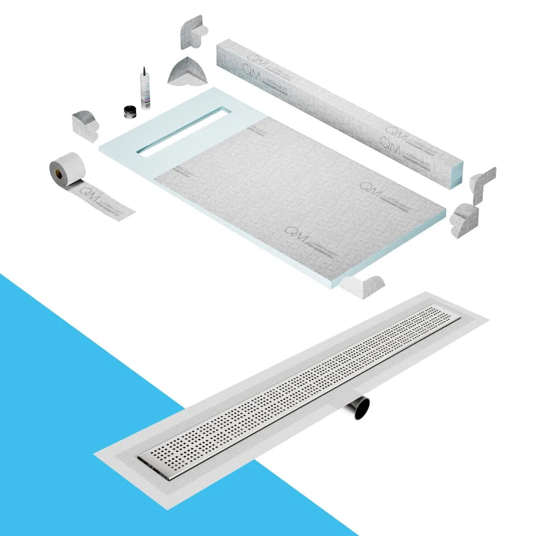 QM Drain Curb Shower Pan with Delmar Delta Side Outlet Linear Drain, featuring stainless-steel grate with modern square perforations, efficient drainage, available in Satin, Gold, Bronze, Polished, and Black finishes.