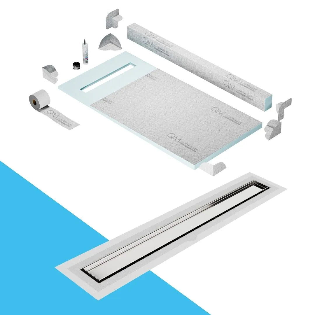 QM Drain Curb Shower Pan with Delmar Mist Tile-In Flange Edge Linear Drain, stainless-steel grate allowing seamless tile integration, featuring fine 'mist' perforations, integrated flange, minimalist aesthetics, offered in Satin, Gold, Bronze, Polished, and Black finishes.
