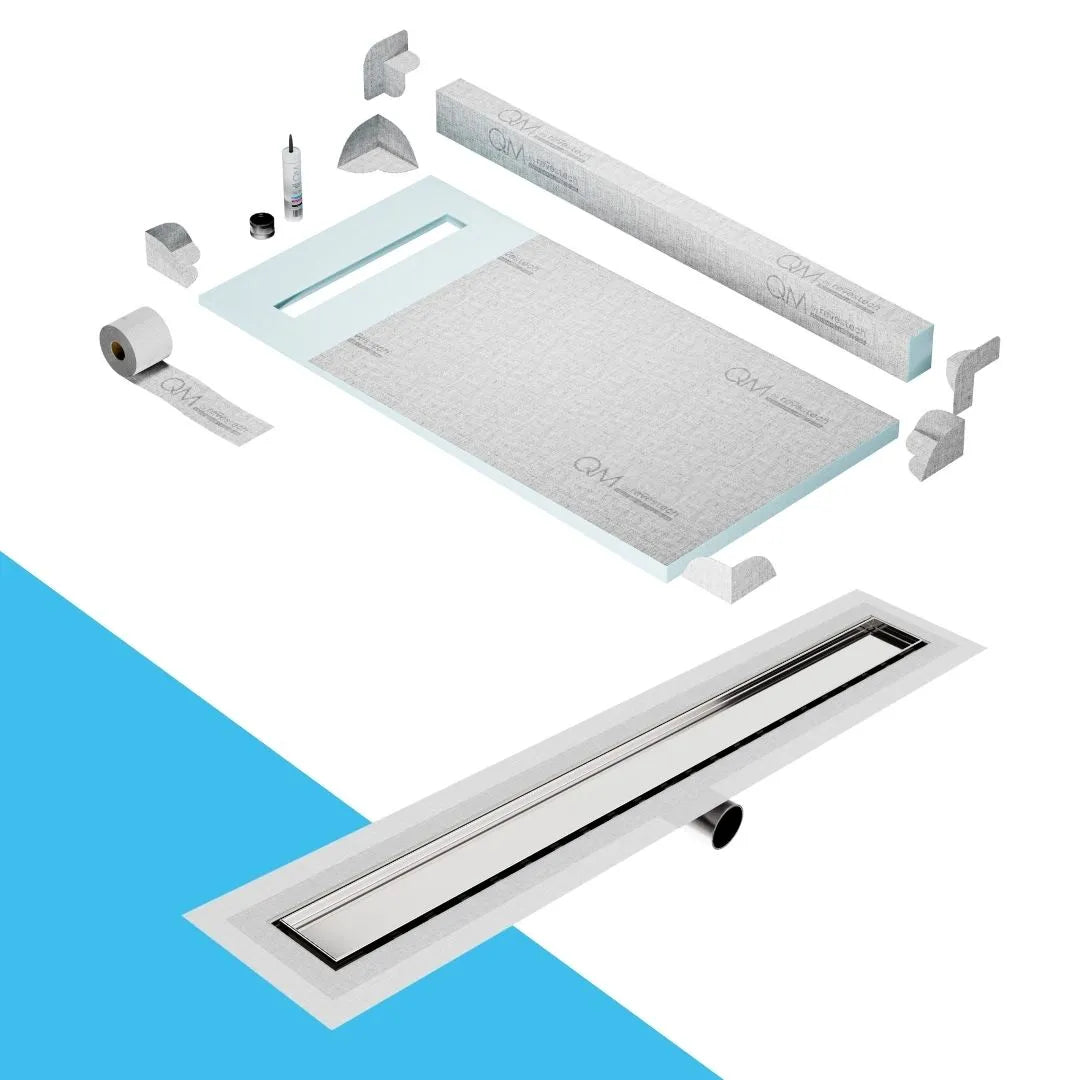 QM Drain Curb Shower Pan with Delmar Mist Tile-In Side Outlet Linear Drain, stainless-steel grate allowing seamless tile integration, 'mist' perforations, modern aesthetics, available in Satin, Gold, Bronze, Polished, and Black finishes.