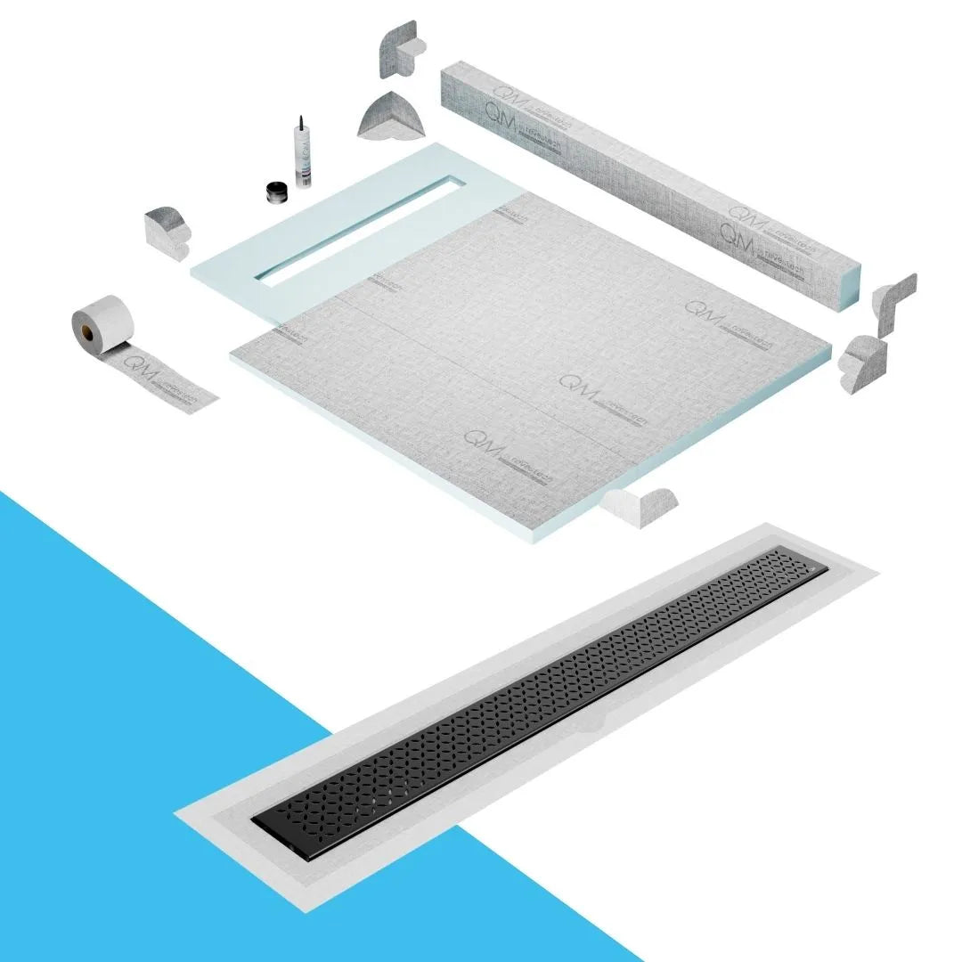 QM Drain Curb Shower Pan with Delmar Delta Flange Edge Linear Drain, stainless-steel grate featuring modern square perforations, efficient drainage with integrated flange, available in Gold, Bronze, Polished, and Black finishes.