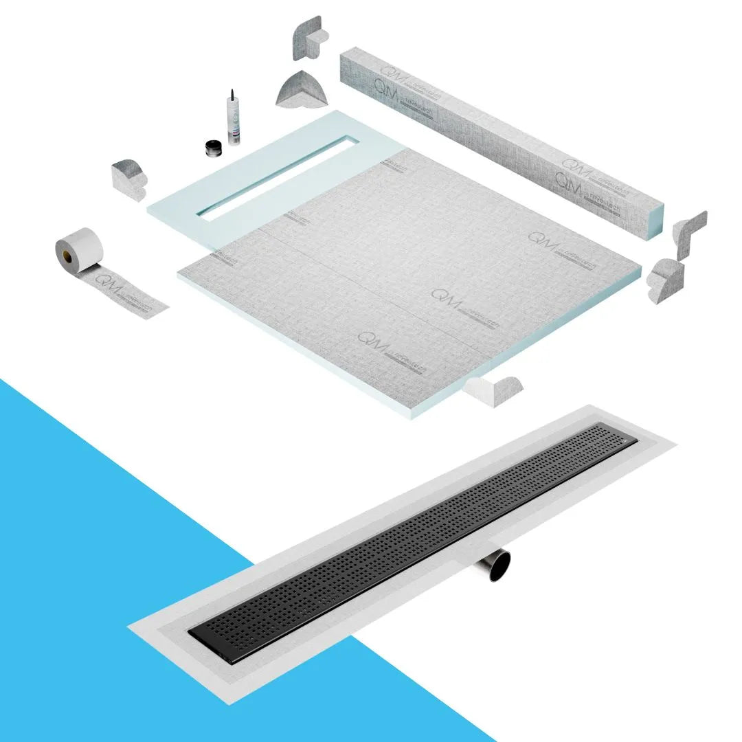 QM Drain Curb Shower Pan with Delmar Delta Side Outlet Linear Drain, featuring stainless-steel grate with modern square perforations, efficient drainage, available in Satin, Gold, Bronze, Polished, and Black finishes.