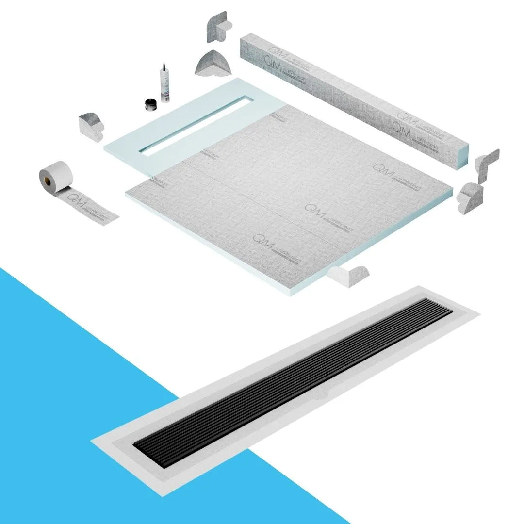 QM Drain Curb Shower Pan with Delmar Wedgewire Flange Edge Linear Drain, stainless-steel grate featuring linear wedge-wire design, integrated flange for efficient water drainage, contemporary style, available in Satin, Gold, Bronze, Polished, and Black finishes.