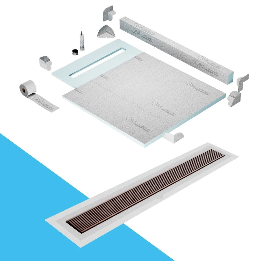 QM Drain Curb Shower Pan with Delmar Wedgewire Flange Edge Linear Drain, stainless-steel grate featuring linear wedge-wire design, integrated flange for efficient water drainage, contemporary style, available in Satin, Gold, Bronze, Polished, and Black finishes.