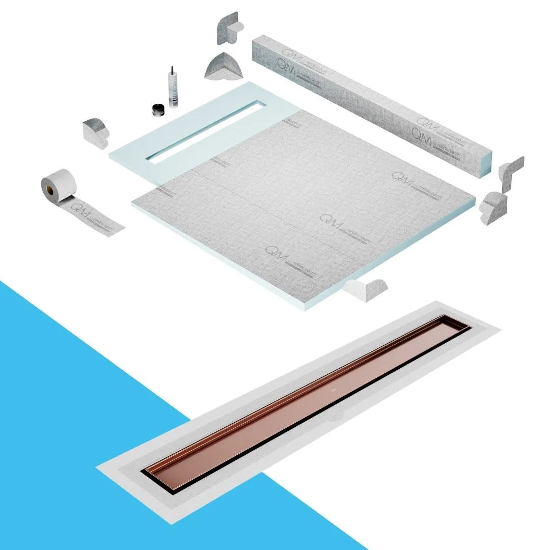 QM Drain Curb Shower Pan with Delmar Mist Tile-In Flange Edge Linear Drain, stainless-steel grate allowing seamless tile integration, featuring fine 'mist' perforations, integrated flange, minimalist aesthetics, offered in Satin, Gold, Bronze, Polished, and Black finishes.