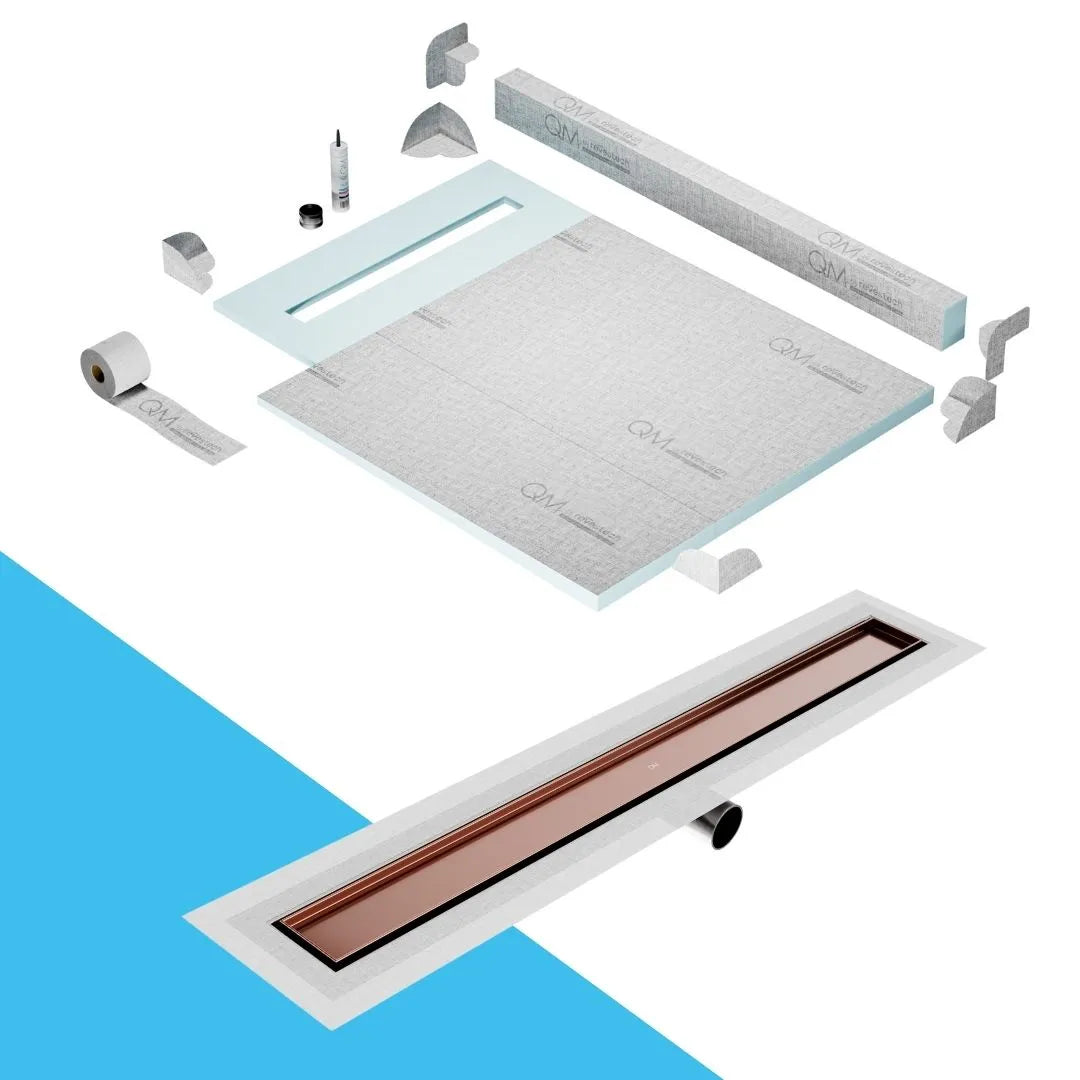 QM Drain Curb Shower Pan with Delmar Mist Tile-In Side Outlet Linear Drain, stainless-steel grate allowing seamless tile integration, 'mist' perforations, modern aesthetics, available in Satin, Gold, Bronze, Polished, and Black finishes.