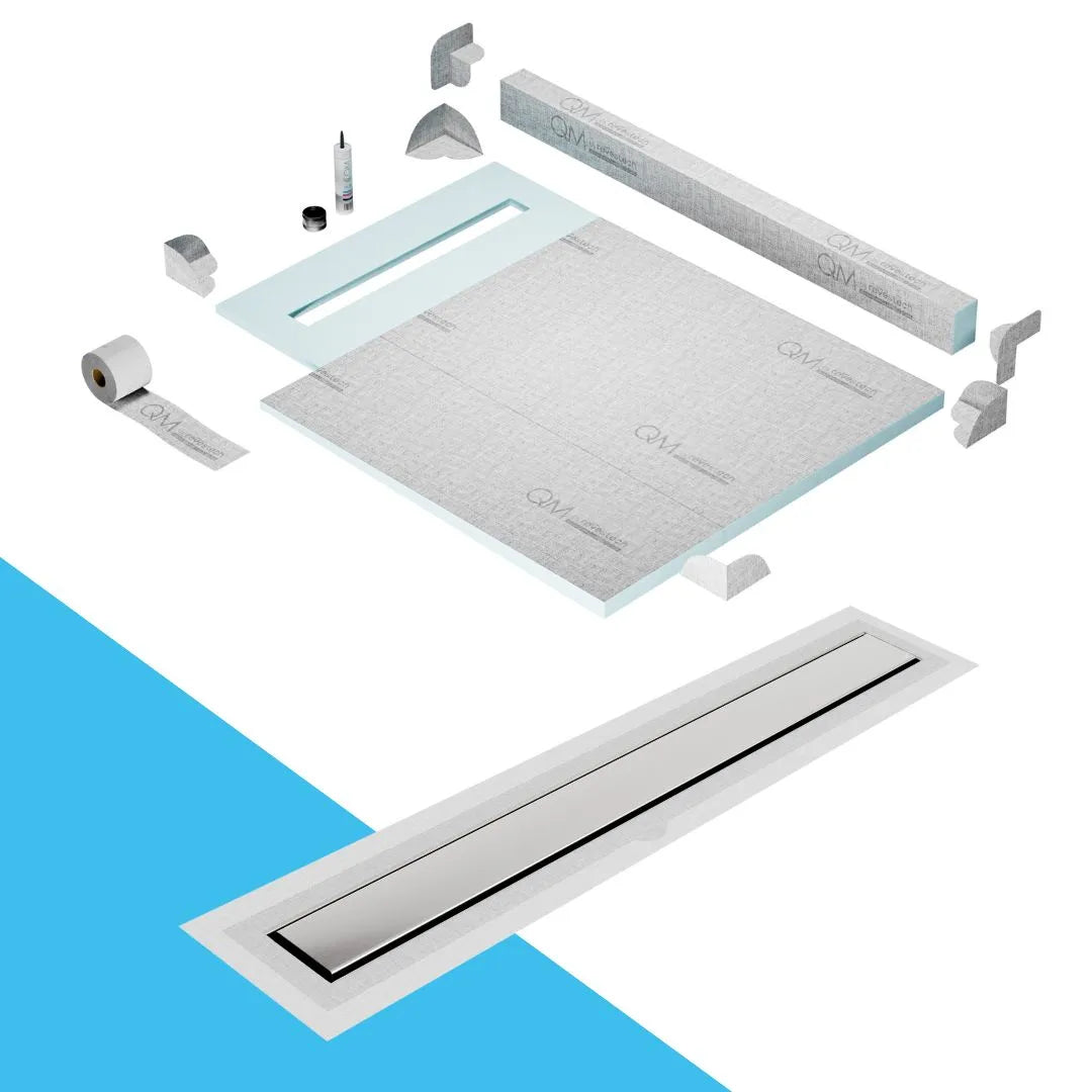 QM Drain Prefab Shower Pan Kit with Curb paired with Mist (Tile-In) Linear Drain CurbKit 40" in Frameless Flange Edge finish. This system offers seamless tile integration, efficient water drainage, and a sleek frameless design, perfect for luxury shower installations with a modern curb and flange edge configuration.
