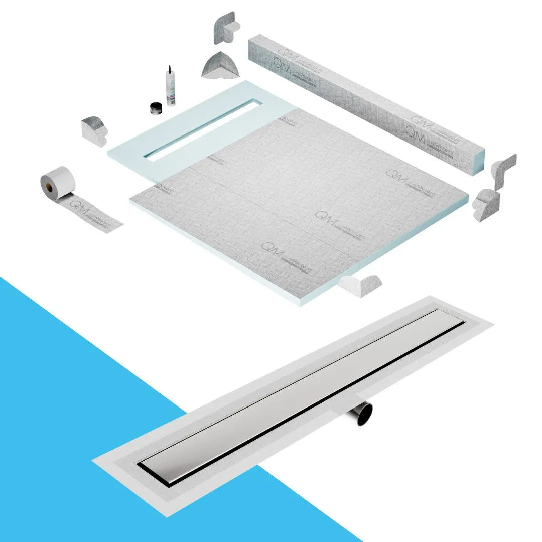 QM Drain Prefab Shower Pan Kit with Curb paired with Mist (Tile-In) Linear Drain CurbKit 40" in Frameless Side Outlet finish. This system ensures seamless tile integration, efficient water drainage, and a sleek frameless design, ideal for high-end shower installations with a modern side outlet configuration.