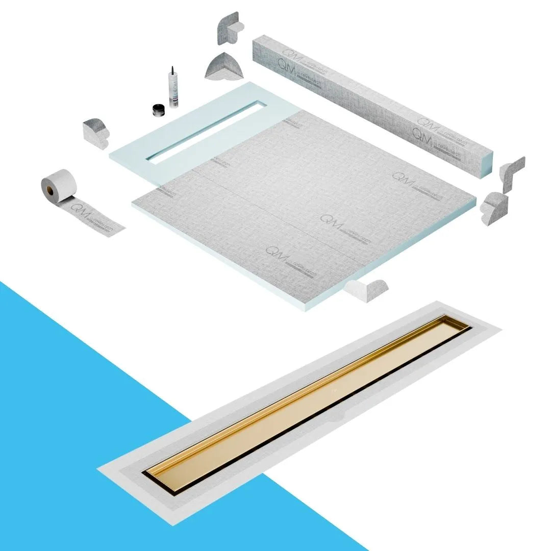 QM Drain Curb Shower Pan with Delmar Mist Tile-In Flange Edge Linear Drain, stainless-steel grate allowing seamless tile integration, featuring fine 'mist' perforations, integrated flange, minimalist aesthetics, offered in Satin, Gold, Bronze, Polished, and Black finishes.