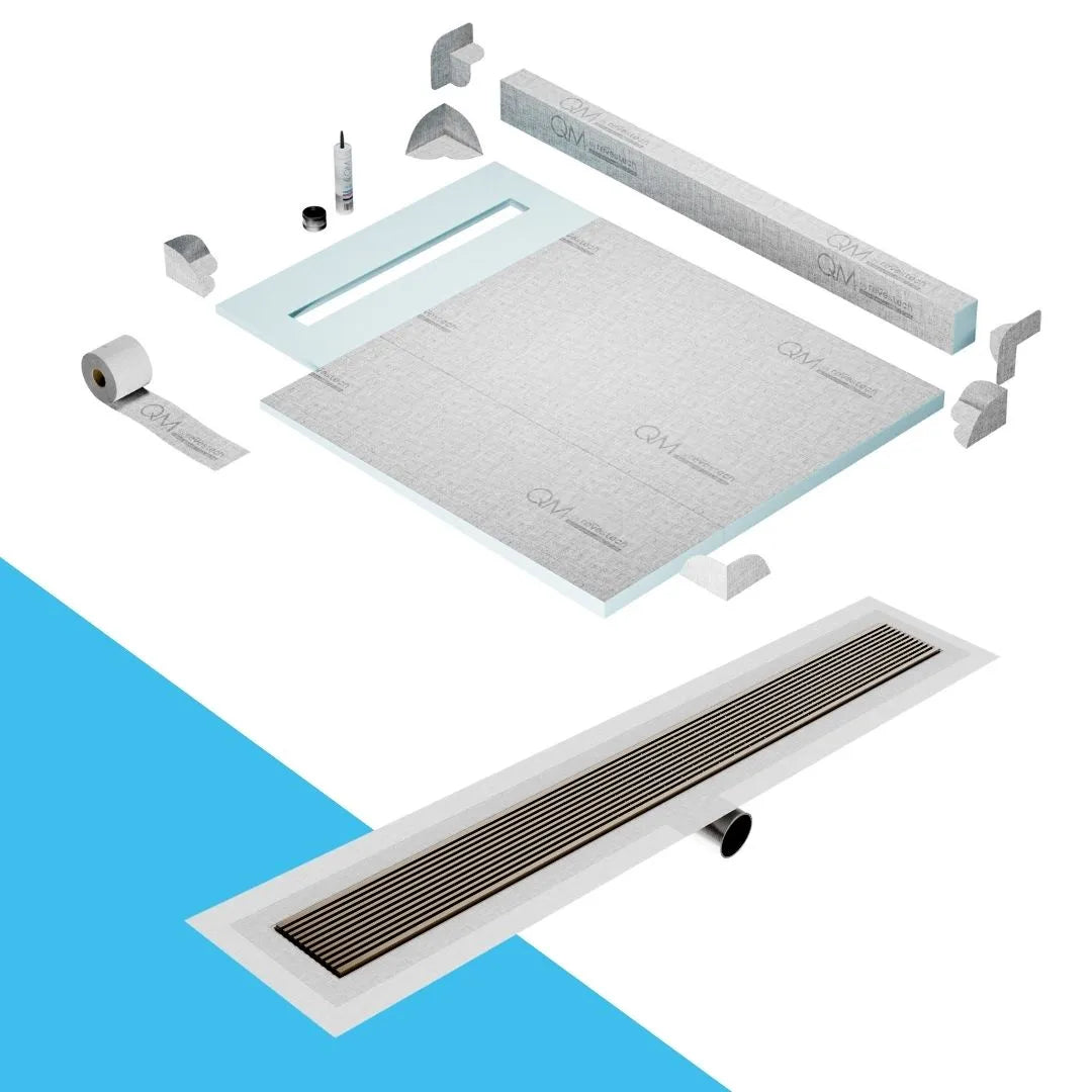 QM Drain Curb Shower Pan with Delmar Wedgewire Side Outlet Linear Drain, stainless-steel linear wedge-wire grate for efficient drainage and contemporary style, offered in, Gold, Bronze, Polished, and Black finishes.