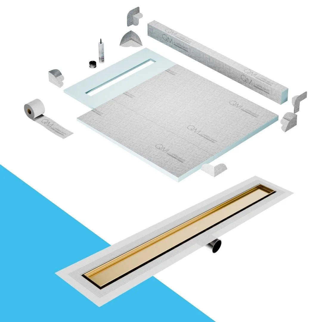 QM Drain Curb Shower Pan with Delmar Mist Tile-In Side Outlet Linear Drain, stainless-steel grate allowing seamless tile integration, 'mist' perforations, modern aesthetics, available in Satin, Gold, Bronze, Polished, and Black finishes.