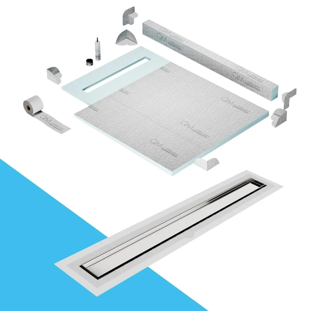 QM Drain Curb Shower Pan with Delmar Mist Tile-In Flange Edge Linear Drain, stainless-steel grate allowing seamless tile integration, featuring fine 'mist' perforations, integrated flange, minimalist aesthetics, offered in Satin, Gold, Bronze, Polished, and Black finishes.