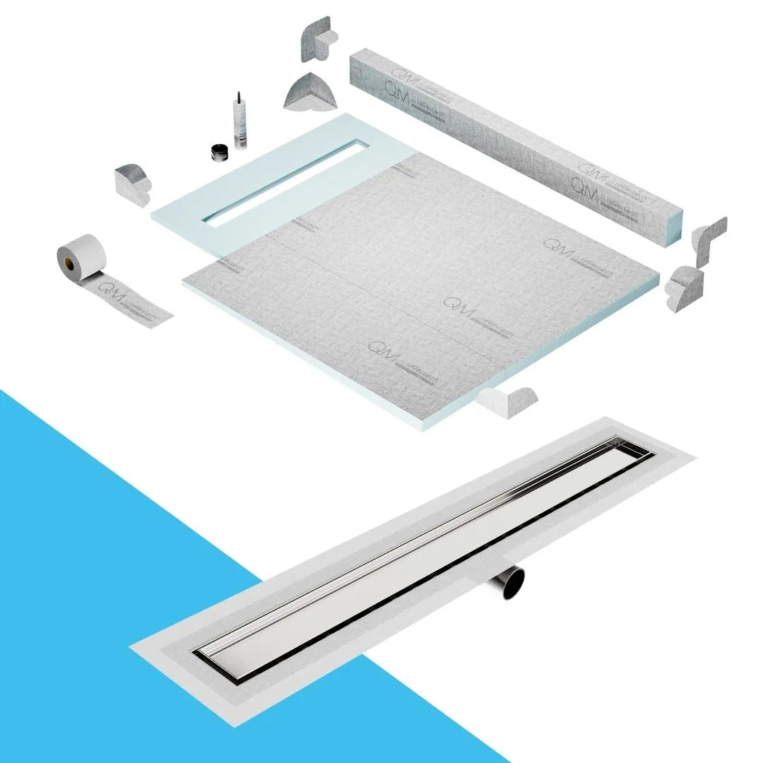 QM Drain Curb Shower Pan with Delmar Mist Tile-In Side Outlet Linear Drain, stainless-steel grate allowing seamless tile integration, 'mist' perforations, modern aesthetics, available in Satin, Gold, Bronze, Polished, and Black finishes.
