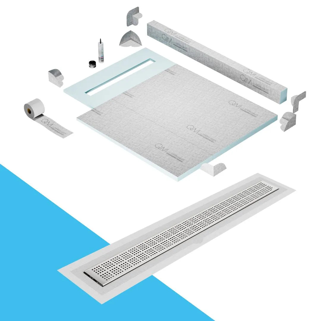 QM Drain Curb Shower Pan with Delmar Kai Flange Edge Linear Drain, stainless-steel grate with subtle square perforations, integrated flange, contemporary design, effective water drainage, available in Satin, Gold, Bronze, Polished, and Black finishes.