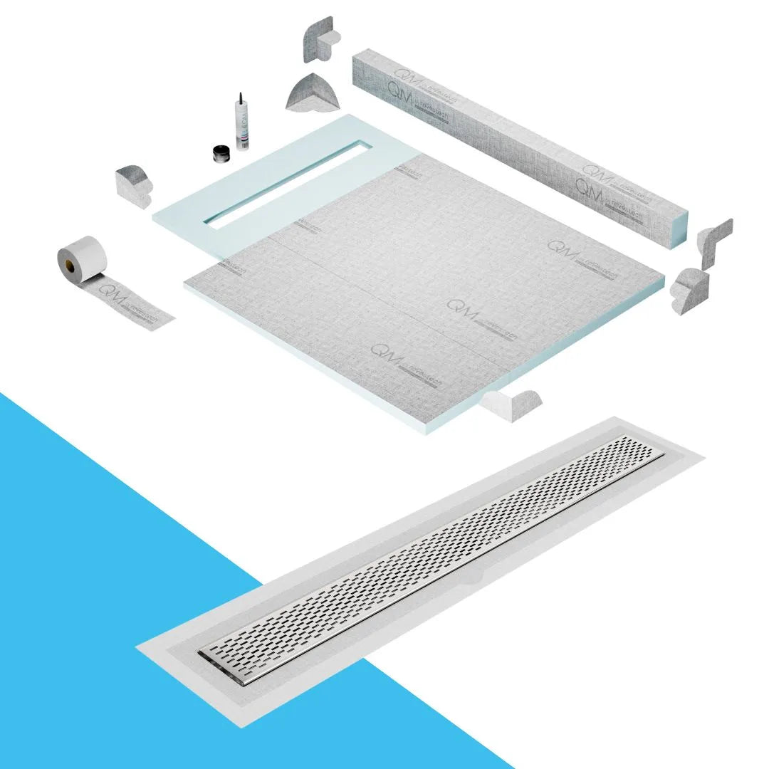 QM Drain Curb Shower Pan with Delmar Delta Flange Edge Linear Drain, stainless-steel grate featuring modern square perforations, efficient drainage with integrated flange, available in Gold, Bronze, Polished, and Black finishes.