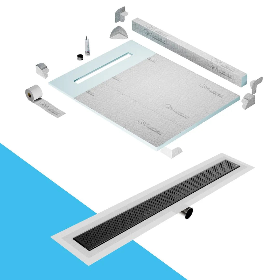 Curb Shower Pan Kit 48 with Black Flange Edge by QM Drain. Compact linear drain shower base with black stainless steel flange for modern aesthetics and reliable waterproofing.