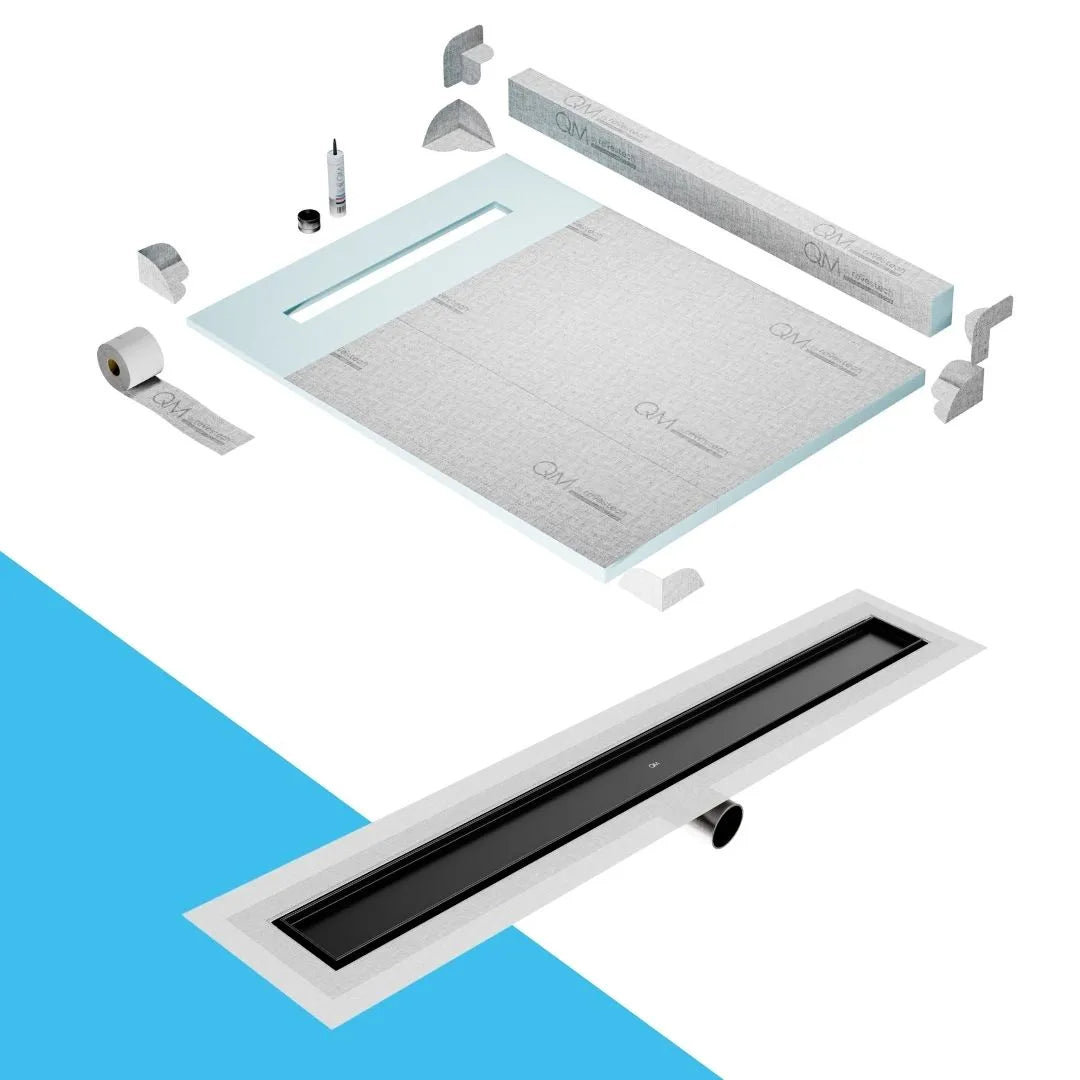 QM Drain Curb Shower Pan with Delmar Mist Tile-In Side Outlet Linear Drain, stainless-steel grate allowing seamless tile integration, 'mist' perforations, modern aesthetics, available in Satin, Gold, Bronze, Polished, and Black finishes.