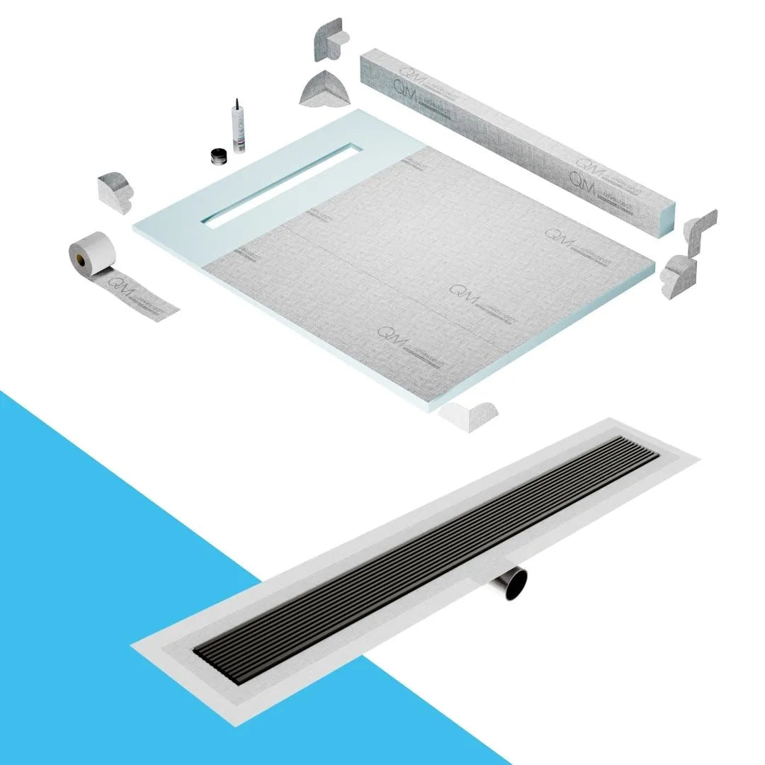 QM Drain Curb Shower Pan with Delmar Wedgewire Side Outlet Linear Drain, stainless-steel linear wedge-wire grate for efficient drainage and contemporary style, offered in, Gold, Bronze, Polished, and Black finishes.