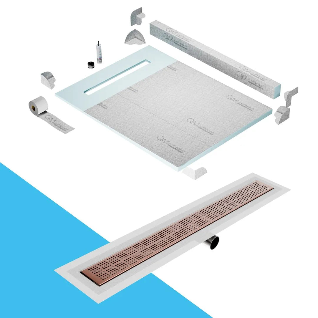 QM Drain Curb Shower Pan with Delmar Delta Side Outlet Linear Drain, featuring stainless-steel grate with modern square perforations, efficient drainage, available in Satin, Gold, Bronze, Polished, and Black finishes.