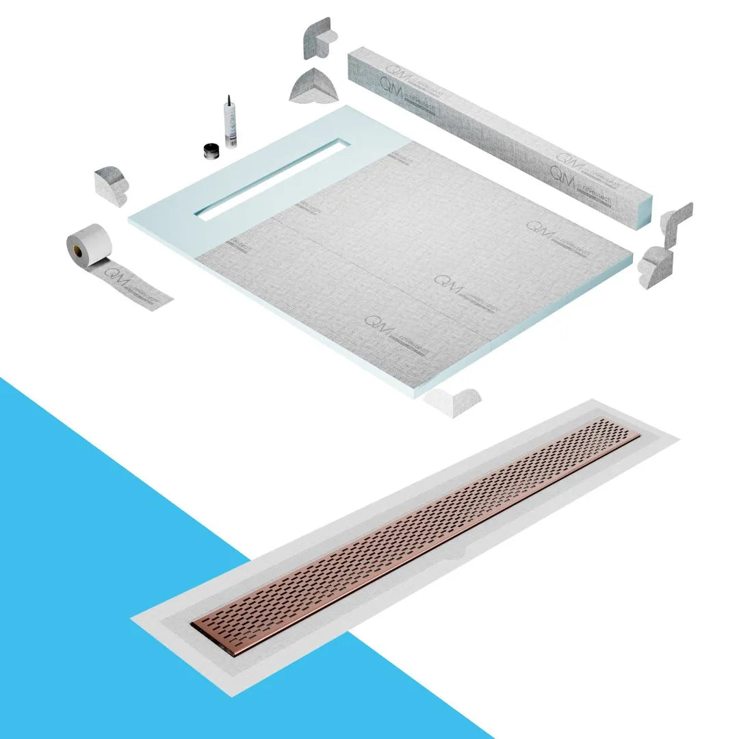QM Drain Curb Shower Pan with Delmar Delta Flange Edge Linear Drain, stainless-steel grate featuring modern square perforations, efficient drainage with integrated flange, available in Gold, Bronze, Polished, and Black finishes.