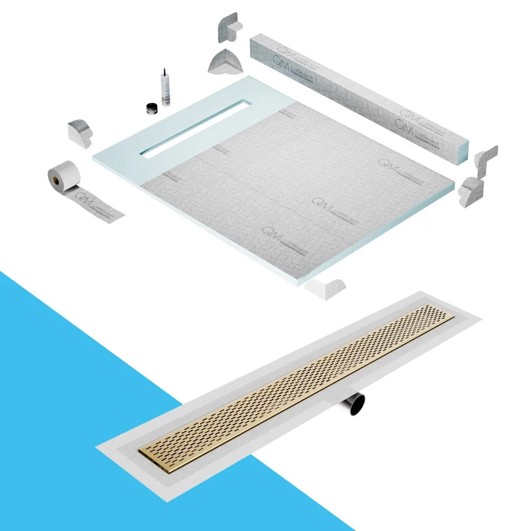 Curb Shower Pan Kit 48 with Gold Flange Edge by QM Drain. Stylish and compact shower base system with linear drain and gold stainless steel flange for elegant, watertight installations.
