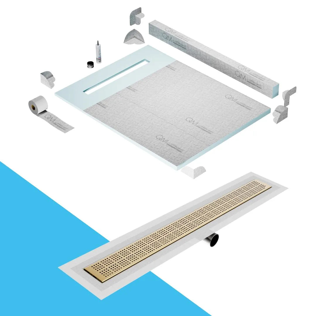 QM Drain Curb Shower Pan with Delmar Delta Side Outlet Linear Drain, featuring stainless-steel grate with modern square perforations, efficient drainage, available in Satin, Gold, Bronze, Polished, and Black finishes.