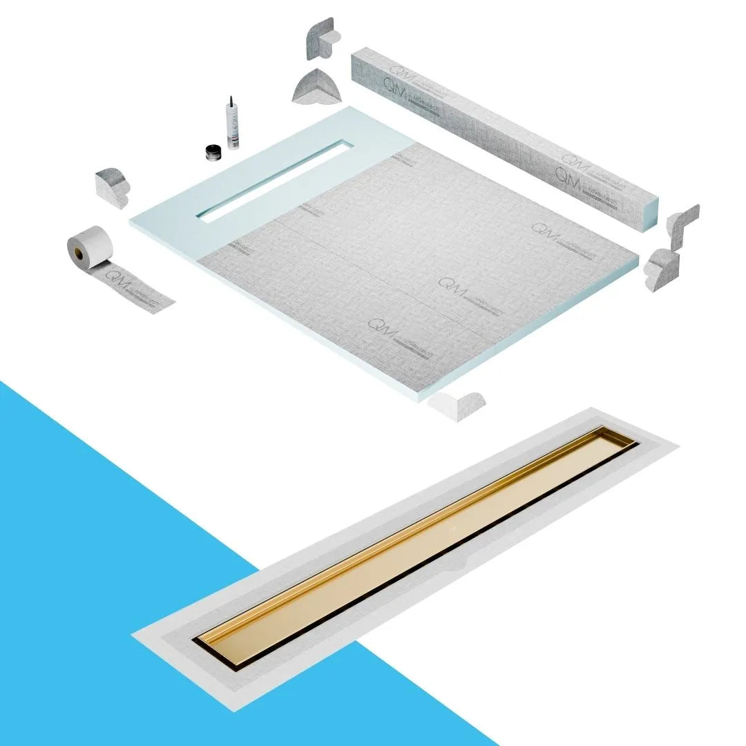 QM Drain Curb Shower Pan with Delmar Mist Tile-In Flange Edge Linear Drain, stainless-steel grate allowing seamless tile integration, featuring fine 'mist' perforations, integrated flange, minimalist aesthetics, offered in Satin, Gold, Bronze, Polished, and Black finishes.