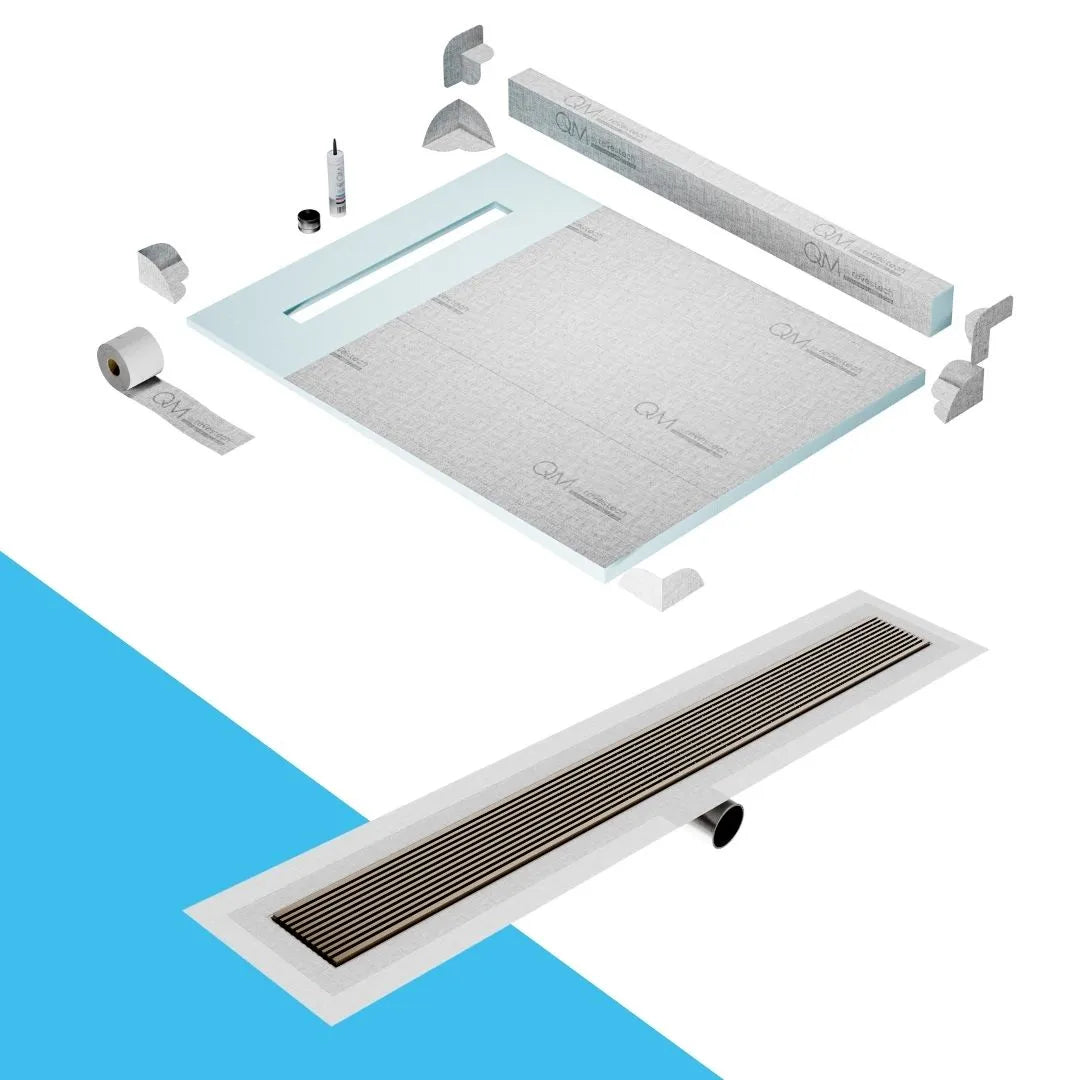 QM Drain Curb Shower Pan with Delmar Wedgewire Side Outlet Linear Drain, stainless-steel linear wedge-wire grate for efficient drainage and contemporary style, offered in, Gold, Bronze, Polished, and Black finishes.