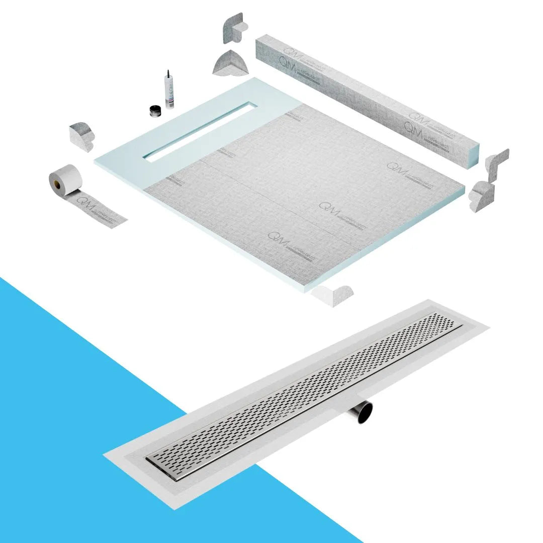 QM Drain Curb Shower Pan with Delmar Delta Side Outlet Linear Drain, featuring stainless-steel grate with modern square perforations, efficient drainage, available in Satin, Gold, Bronze, Polished, and Black finishes.