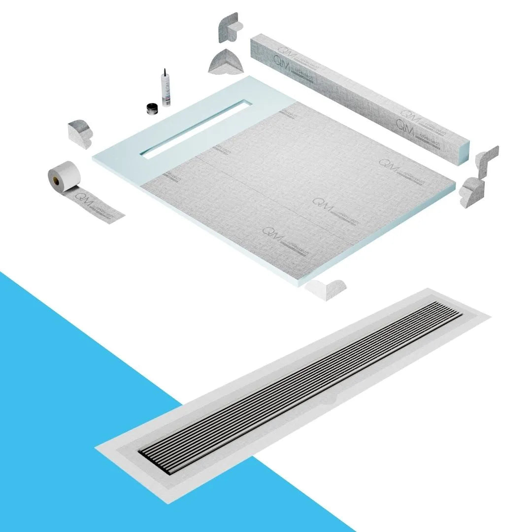 QM Drain Curb Shower Pan with Delmar Wedgewire Flange Edge Linear Drain, stainless-steel grate featuring linear wedge-wire design, integrated flange for efficient water drainage, contemporary style, available in Satin, Gold, Bronze, Polished, and Black finishes.