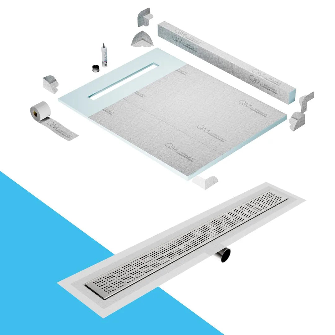 QM Drain Curb Shower Pan with Delmar Delta Side Outlet Linear Drain, featuring stainless-steel grate with modern square perforations, efficient drainage, available in Satin, Gold, Bronze, Polished, and Black finishes.
