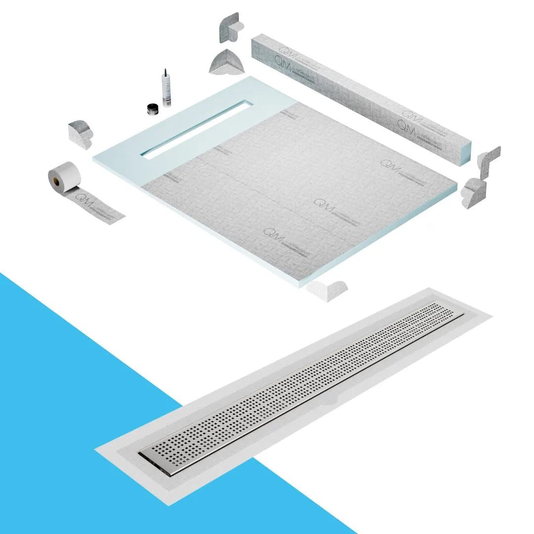 QM Drain Curb Shower Pan with Delmar Kai Flange Edge Linear Drain, stainless-steel grate with subtle square perforations, integrated flange, contemporary design, effective water drainage, available in Satin, Gold, Bronze, Polished, and Black finishes.