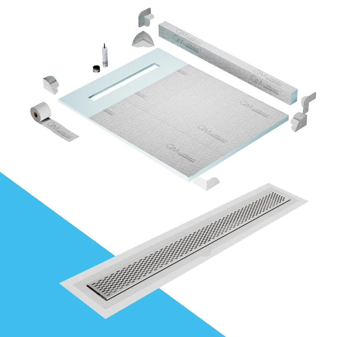QM Drain Curb Shower Pan with Delmar Delta Flange Edge Linear Drain, stainless-steel grate featuring modern square perforations, efficient drainage with integrated flange, available in Gold, Bronze, Polished, and Black finishes.
