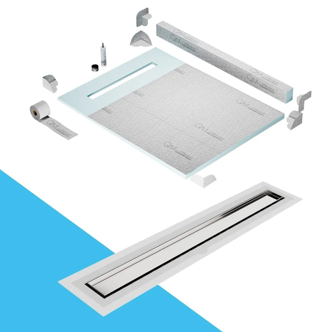 QM Drain Curb Shower Pan with Delmar Mist Tile-In Flange Edge Linear Drain, stainless-steel grate allowing seamless tile integration, featuring fine 'mist' perforations, integrated flange, minimalist aesthetics, offered in Satin, Gold, Bronze, Polished, and Black finishes.