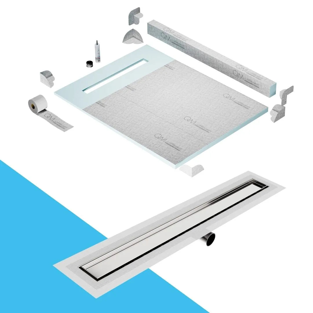 QM Drain Curb Shower Pan with Delmar Mist Tile-In Side Outlet Linear Drain, stainless-steel grate allowing seamless tile integration, 'mist' perforations, modern aesthetics, available in Satin, Gold, Bronze, Polished, and Black finishes.