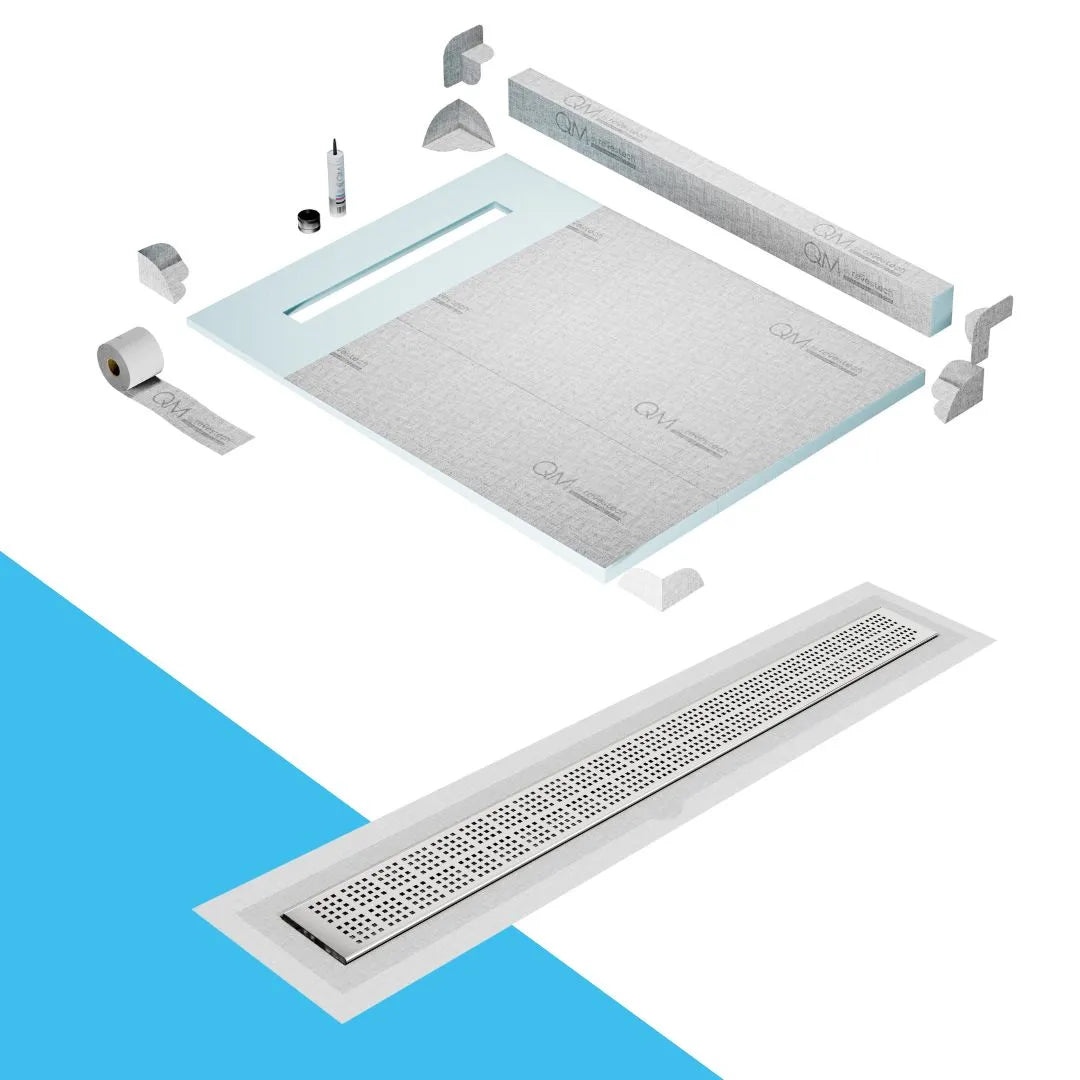 QM Drain Curb Shower Pan with Delmar Kai Flange Edge Linear Drain, stainless-steel grate with subtle square perforations, integrated flange, contemporary design, effective water drainage, available in Satin, Gold, Bronze, Polished, and Black finishes.