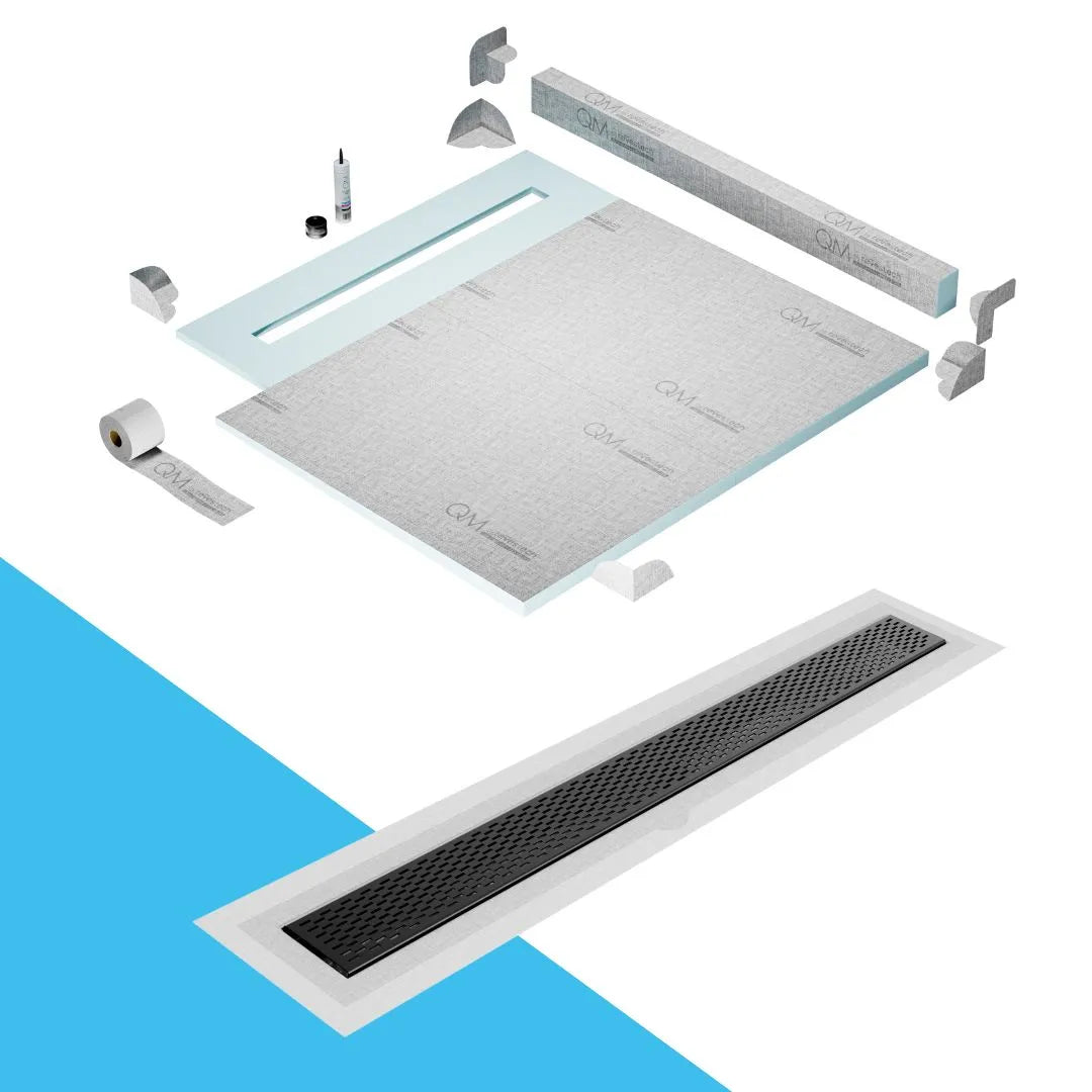 QM Drain Curb Shower Pan with Delmar Delta Flange Edge Linear Drain, stainless-steel grate featuring modern square perforations, efficient drainage with integrated flange, available in Gold, Bronze, Polished, and Black finishes.