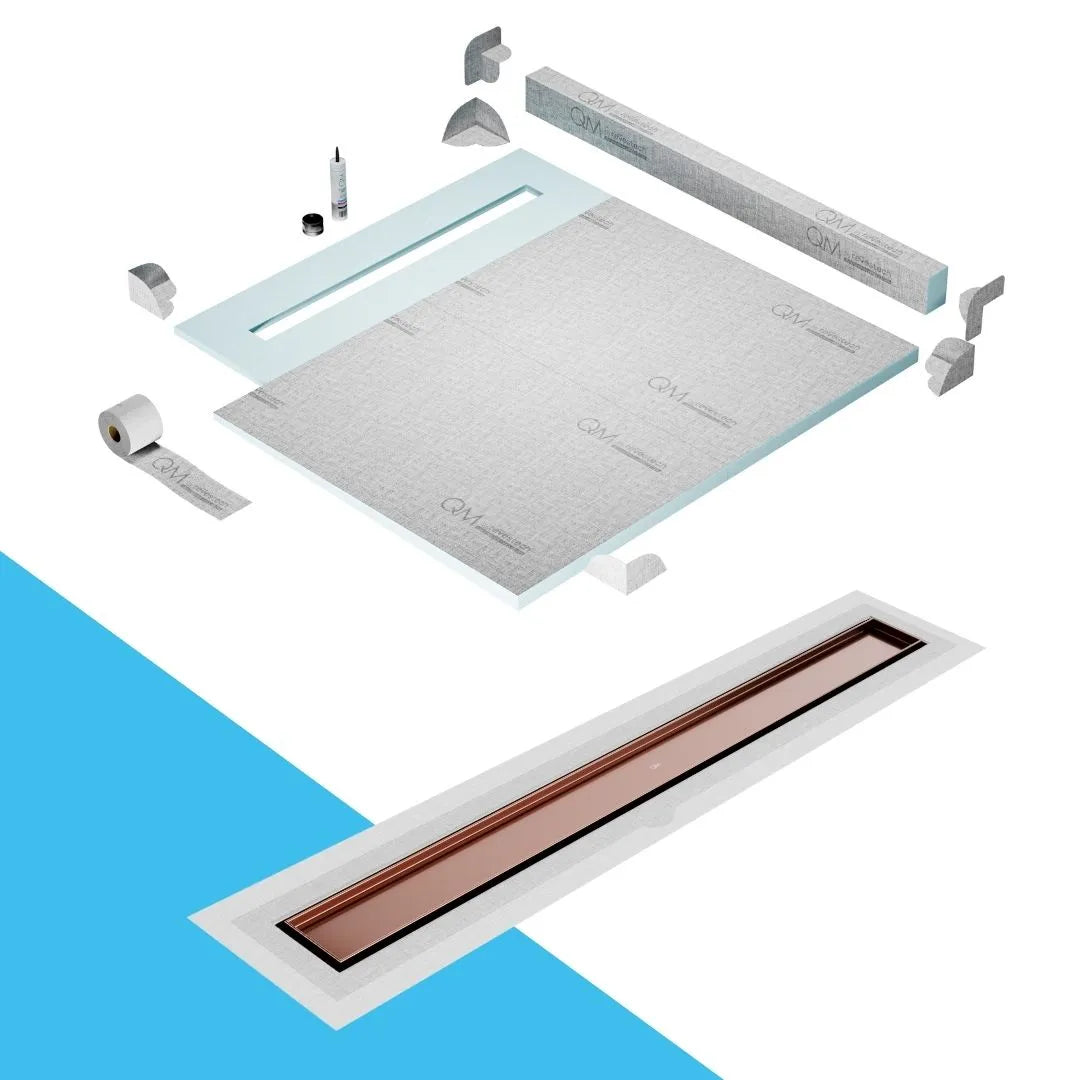 QM Drain Curb Shower Pan with Delmar Mist Tile-In Flange Edge Linear Drain, stainless-steel grate allowing seamless tile integration, featuring fine 'mist' perforations, integrated flange, minimalist aesthetics, offered in Satin, Gold, Bronze, Polished, and Black finishes.