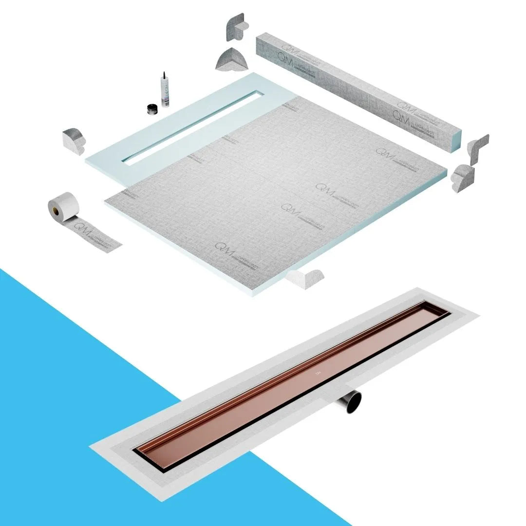 QM Drain Curb Shower Pan with Delmar Mist Tile-In Side Outlet Linear Drain, stainless-steel grate allowing seamless tile integration, 'mist' perforations, modern aesthetics, available in Satin, Gold, Bronze, Polished, and Black finishes.