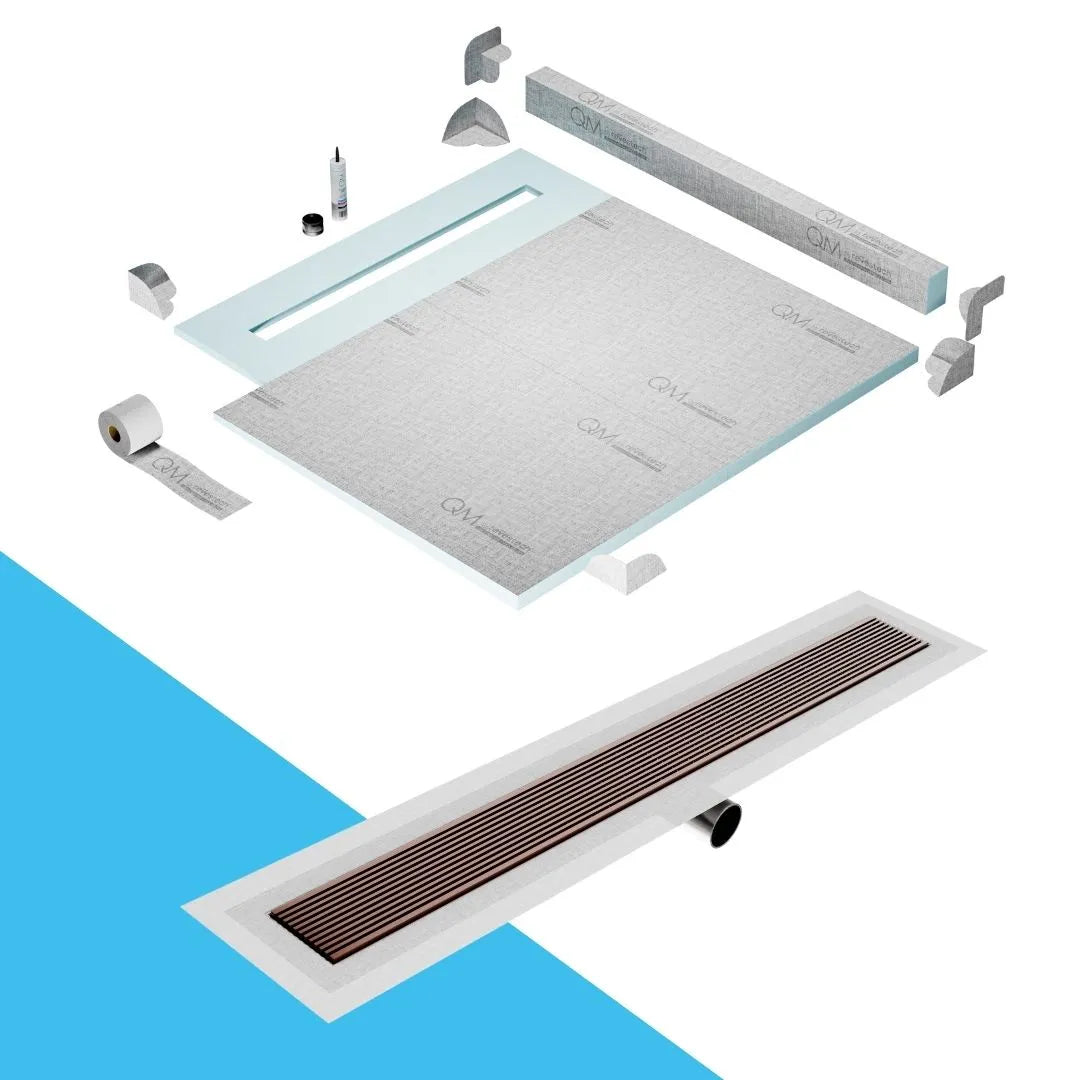QM Drain Curb Shower Pan with Delmar Wedgewire Side Outlet Linear Drain, stainless-steel linear wedge-wire grate for efficient drainage and contemporary style, offered in, Gold, Bronze, Polished, and Black finishes.