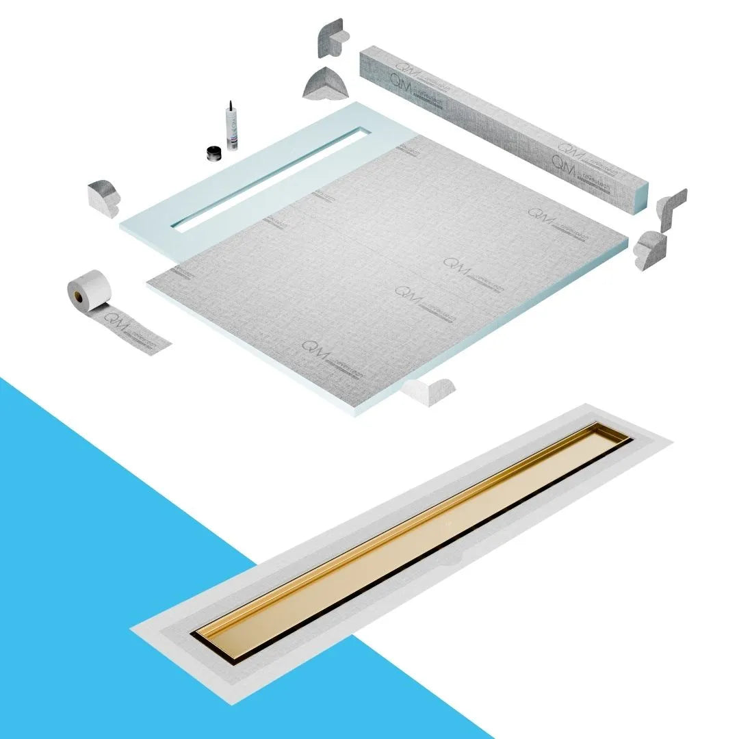 QM Drain Curb Shower Pan with Delmar Mist Tile-In Flange Edge Linear Drain, stainless-steel grate allowing seamless tile integration, featuring fine 'mist' perforations, integrated flange, minimalist aesthetics, offered in Satin, Gold, Bronze, Polished, and Black finishes.