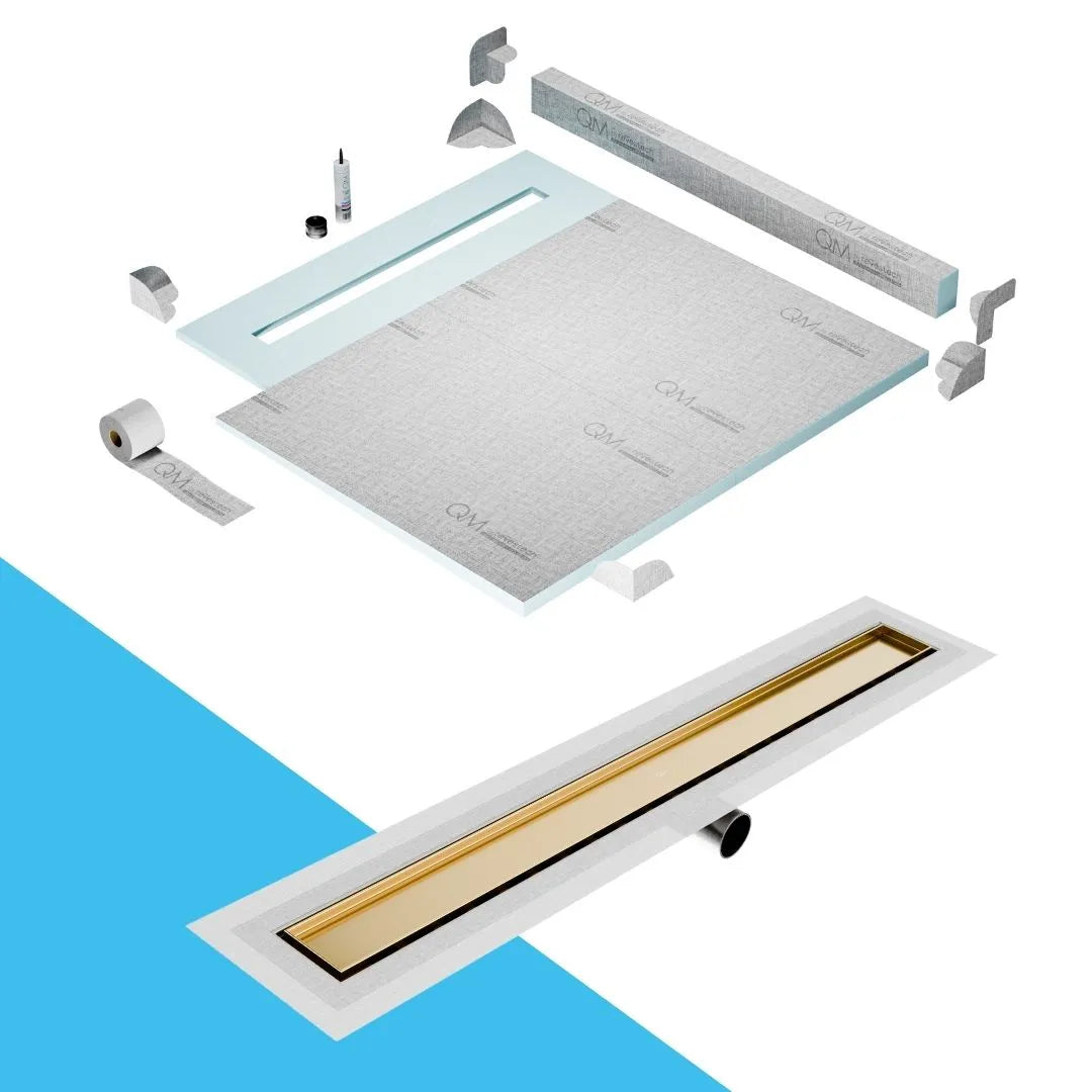 QM Drain Curb Shower Pan with Delmar Mist Tile-In Side Outlet Linear Drain, stainless-steel grate allowing seamless tile integration, 'mist' perforations, modern aesthetics, available in Satin, Gold, Bronze, Polished, and Black finishes.