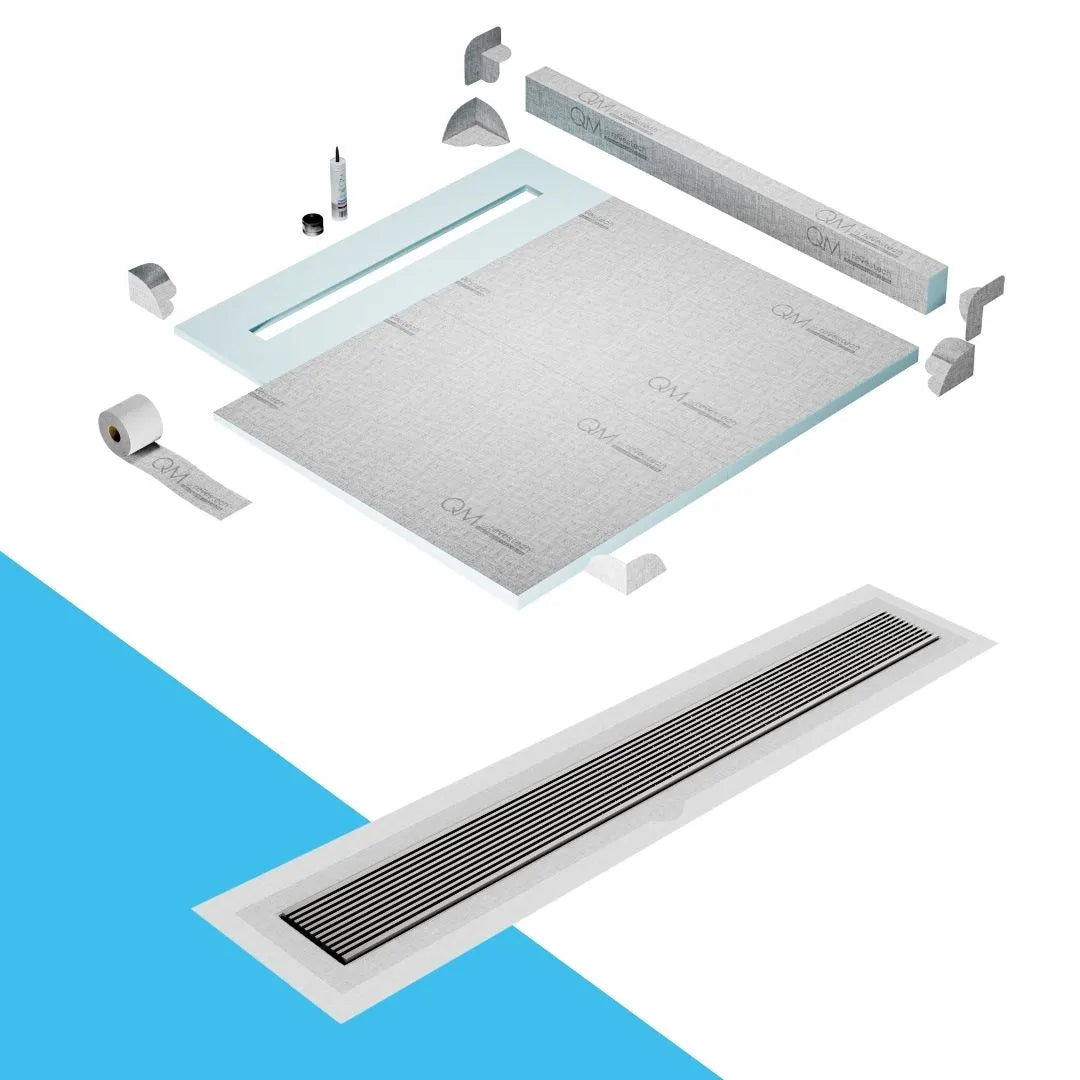 QM Drain Curb Shower Pan with Delmar Wedgewire Flange Edge Linear Drain, stainless-steel grate featuring linear wedge-wire design, integrated flange for efficient water drainage, contemporary style, available in Satin, Gold, Bronze, Polished, and Black finishes.